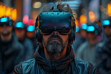 Fototapeta premium A gamer immersing themselves in a virtual reality adventure, escaping into a world of fantasy and excitement. Concept of immersion and entertainment. Generative Ai.