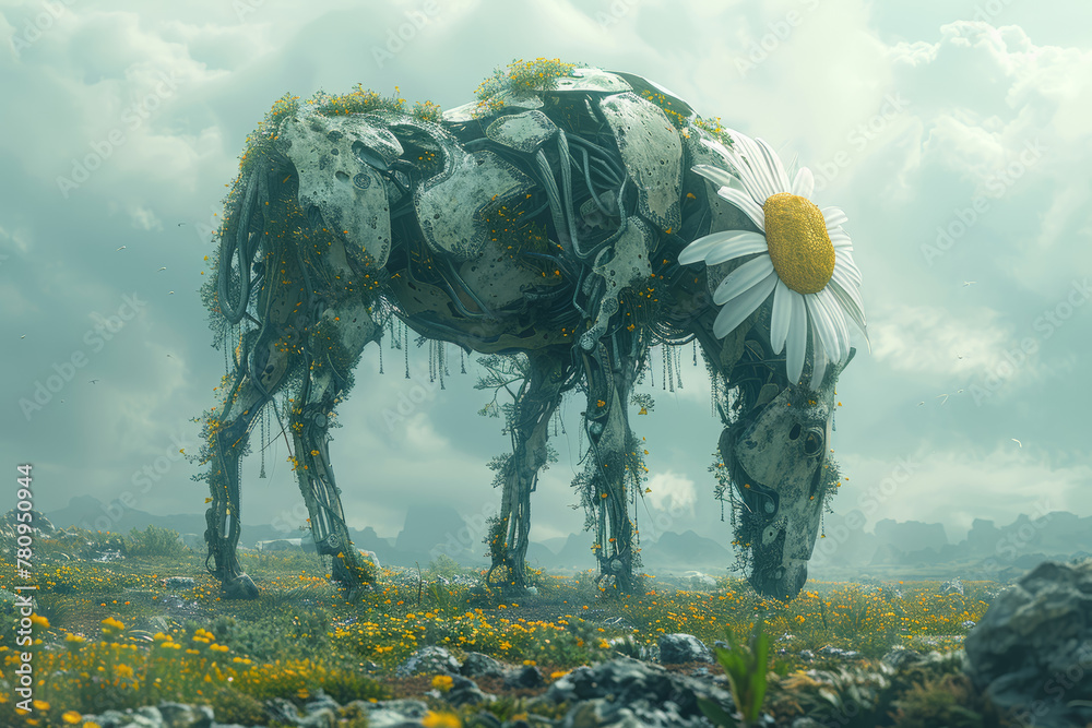 Sticker A creature with the body of a horse and the head of a flower, grazing peacefully in a meadow. Concept of hybrid organisms. Generative Ai.