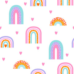  Seamless pattern with hearts and rainbow. Fashion print for little kids girl. Cute retro groovy background