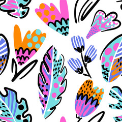 Seamless patterns in modern style and bright colors with abstract leaves and flowers. Creative pink background for fabric, wrapping, textile, wallpaper, apparel. Vector neon illustration hand draw