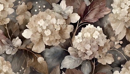 luxury wallpaper mystical seamless pattern vintage floral background delicate big flowers hydrangea burgundy beige gypsophila gray leaves magic fireflies watercolor 3d illustration texture - Powered by Adobe