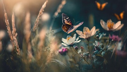 beautiful blurred spring summer background nature with blooming wildflowers wild flowers in grass and butterflies soaring in nature in rays of sunlight close up spring summer natural landscape