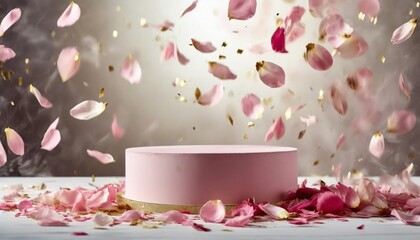 pink product podium placement on solid background with rose petals falling luxury premium beauty fashion cosmetic and spa gift stand presentation valentine day present showcase