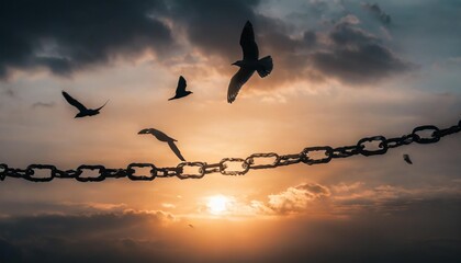 peace and freedom concept silhouette of flying birds and broken chain on beautiful sky sunset background - Powered by Adobe