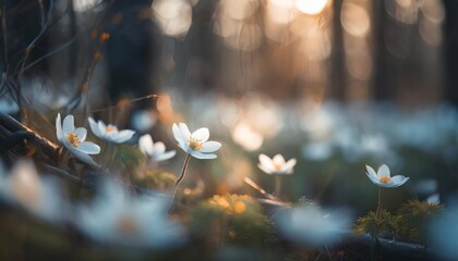 beautiful white flowers of anemones in spring in a forest close up in sunlight in nature spring...