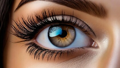 this close up captures a womans eye with remarkably long lashes enhanced by the application of mascara for added length and volume the focus is on the intricate details of the eye and lashes - Powered by Adobe