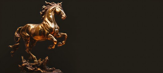 Golden and bronze rearing horse statue or trophy isolated on black background with copy space - obrazy, fototapety, plakaty