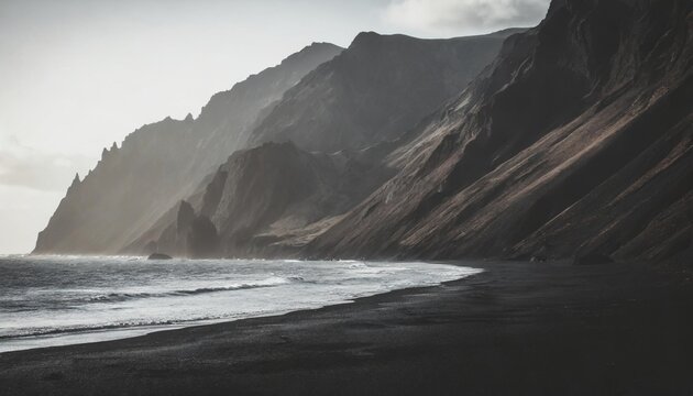 steep mountains with beaches and black sand