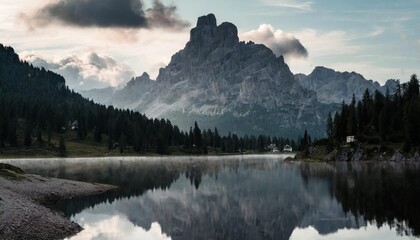 the beautiful nature landscape great view on federa lake early in the morning the federa lake with the dolomites peak cortina d ampezzo south tyrol dolomites italy popular travel locations - obrazy, fototapety, plakaty