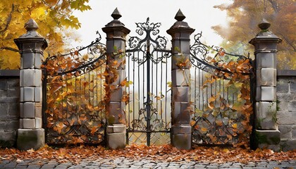 closed forged gates braided with autumn leaves png file of isolated cutout object on transparent...