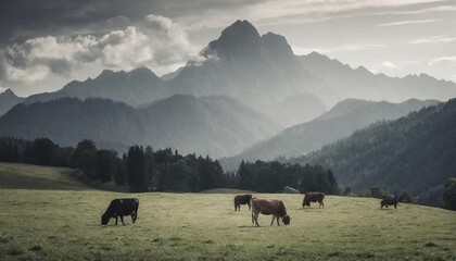 wonderful summer landscape with cows grazing on fresh green mountain pastures and watzmann mount in the alps incredible nature scenery amazing panoramic image stunning bavarian alps countryside - obrazy, fototapety, plakaty