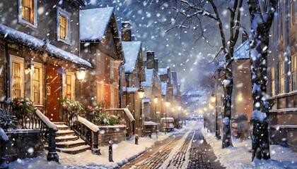 winter cityscape snowfall cozy christmas atmosphere street houses snow generative ai
