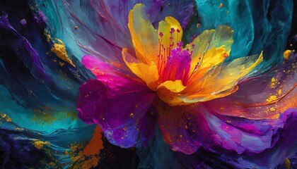 abstract floral fluid art painting in alcohol ink liquid technique imitation of fantastic flower...