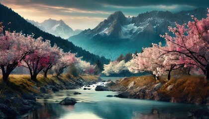 digital art of serene mountain landscape with cherry blossoms and river springtime nature and tranquility concept design for wallpaper poster artistic illustration with vibrant colors - Powered by Adobe