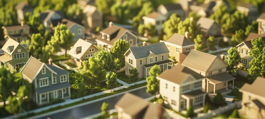 Modern generic contemporary style miniature illustration of houses and trees of a landscaped neighborhood model with tilt-shift focus technique - obrazy, fototapety, plakaty