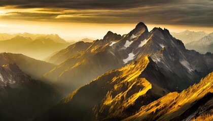 black and gold painting of mountain range at sunrise - obrazy, fototapety, plakaty