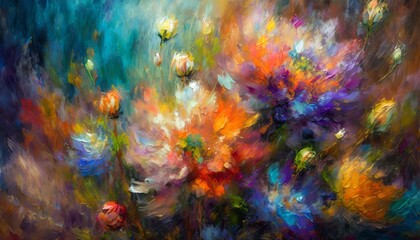 abstract colorful oil painting of vibrant flowers in bloom