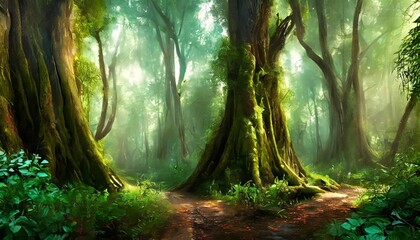 a beautiful fairytale enchanted forest with big trees and great vegetation digital painting background