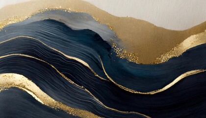 abstraction wavy blue beige watercolor stain grunge texture background navy tan gold water wave...