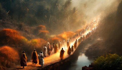 illustration ofunidentified hindu pilgrims carrying out a religious generative ai