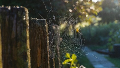spider and dew covered spider web on a wooden fence with a blurred background of an early morning garden - Powered by Adobe