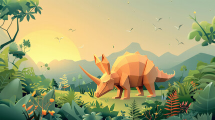 Illustration of a colorful origami dinosaur in a lush, vibrant sunset landscape with flying birds.
