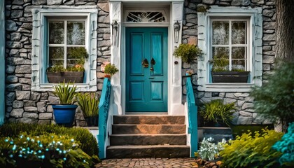 a detail of a front door on home with stone and white bricking siding beautiful landscaping and a colorful blue green front door - Powered by Adobe