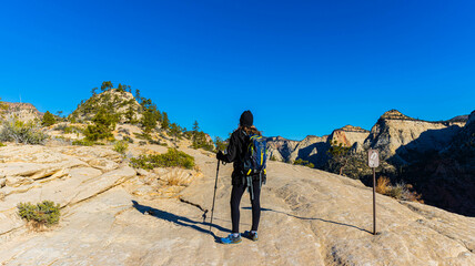 Female Hiker on The West Rim Trail, Zion National Park, Utah, USA