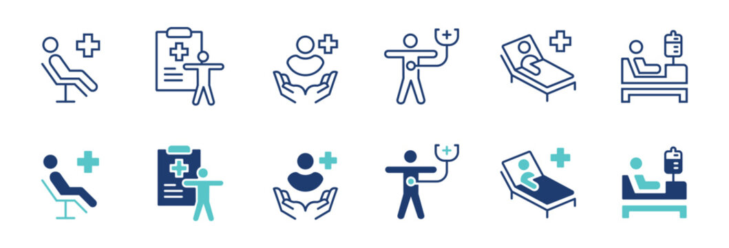 patient health treatment icon vector set people medical diagnosis check-ups in hospital bed signs illustration