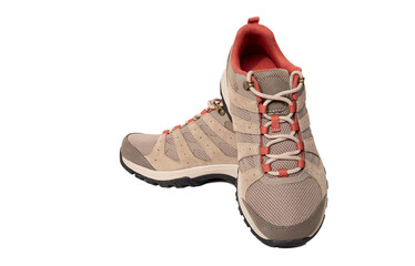 pair of comfortable New trekking sneakers, waterproof brown hiking boots with laces isolated,...