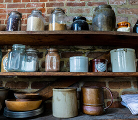 Vintage Food Containerson Shelves in The Kitchen at Fort Clinch, Fort Clinch State Park, Amelia Island, Florida, USA