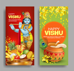 Greeting banners with Krishna Murti, traditional vessel uruli, dahi handi (pot with cream) and konna flowers for South Indian New Year festival Vishu (Vishukani). Vector.