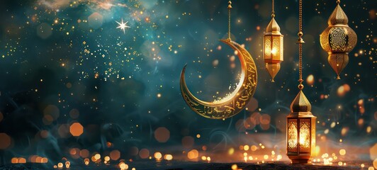 Ramadan Islamic greeting card of crescent moon decoration and lanterns with copy space area banner - obrazy, fototapety, plakaty