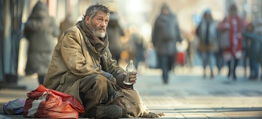 Poor homeless man sitting on the sidewalk in middle of capital. Dark tone. Poverty concept. AI generated illustration