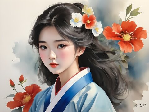 watercolor paintings of korean young girls and women