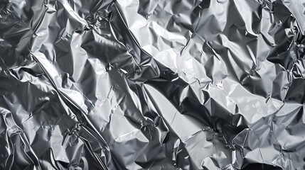 A blank glued aluminum foil texture, background or wallpaper, featuring a crumpled abstract surface from wrapping paper, creating a wrinkled shiny silver foil for various design applications - obrazy, fototapety, plakaty