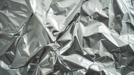 A blank glued aluminum foil texture, background or wallpaper, featuring a crumpled abstract surface from wrapping paper, creating a wrinkled shiny silver foil for various design applications - obrazy, fototapety, plakaty