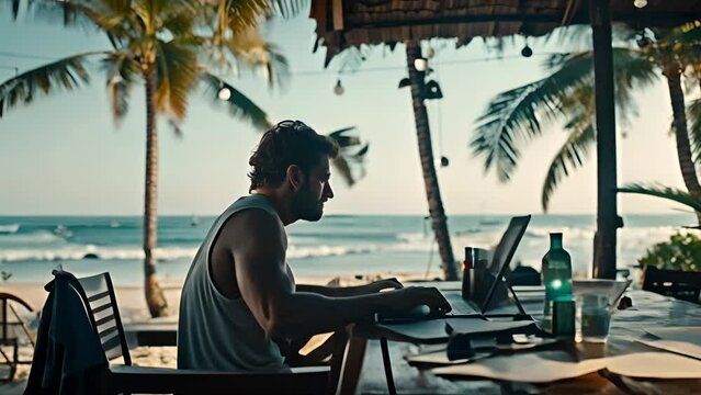 Remote Work Setup with Beachfront View in Tropical Paradise
