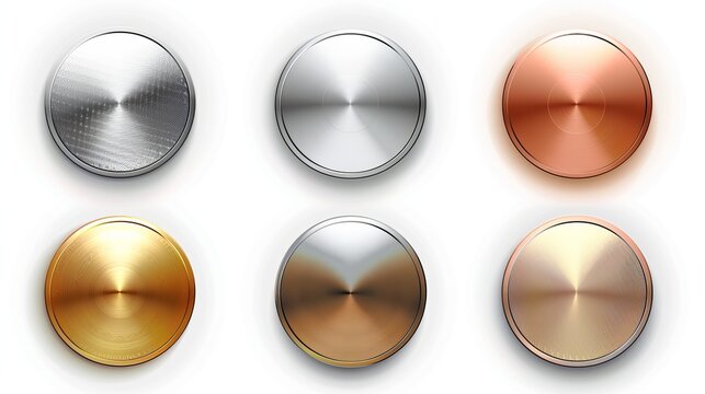 A set of metal chrome circle buttons is presented in vector format, featuring metallic rose gold, bronze, silver, steel, holographic, and golden badges for diverse design applications