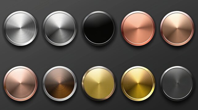 A set of metal chrome circle buttons is presented in vector format, featuring metallic rose gold, bronze, silver, steel, holographic, and golden badges for diverse design applications