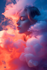 An obscured woman's figure emerges from a swirl of multicolored smoke, creating an aura of mystery and enchantment.