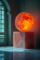 Impeccably detailed moon glows warmly, perched on a marble box inside an elegantly stylized room with shadows.