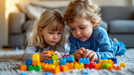 Diverse Children Playing Together with Blocks - obrazy, fototapety, plakaty