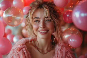 Fototapeta na wymiar Cheerful woman with beautiful teeth and a carefree smile surrounded by pink balloons and wearing a feathery dress. Birthday party concept.