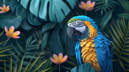 Colorful macaw parrot perched in a lush tropical jungle with vivid flowers and leaves.