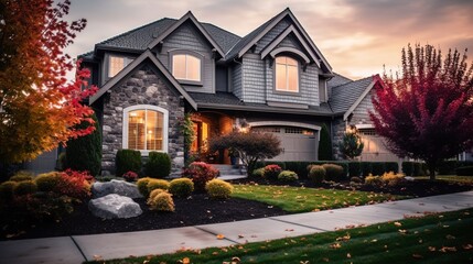 House with a beautiful landscaped yard and driveway in the fall.