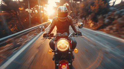 A man rushing on a motorcycle along a winding road, Generative AI.