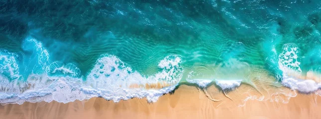 Fototapeten Relaxing aerial beach scene, summer vacation holiday template banner. Waves surf with amazing blue ocean lagoon, sea shore, coastline. Perfect aerial drone top view. AI generated illustration © Gulafshan
