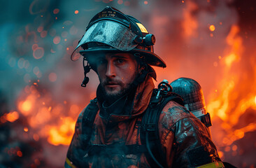 Fototapeta premium Generate a striking photo of a firefighter in full uniform against the backdrop of flames. firefighter as a hero bravely facing the flames to protect lives and property, Generative AI.