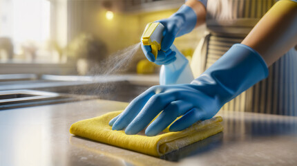 House Cleaning Routine - Adult Spraying Cleaner on Kitchen Counter - 780956922